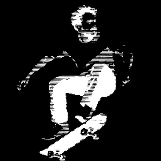 Gerastertes Schwarz-Weiß-Motiv: Skateboarder in Bewegung