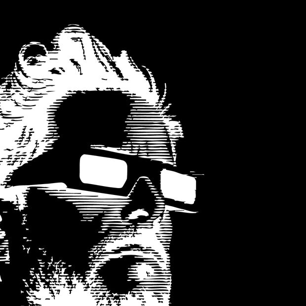 Gerastertes Schwarz-Weiß-Porträt mit 3D-Brille